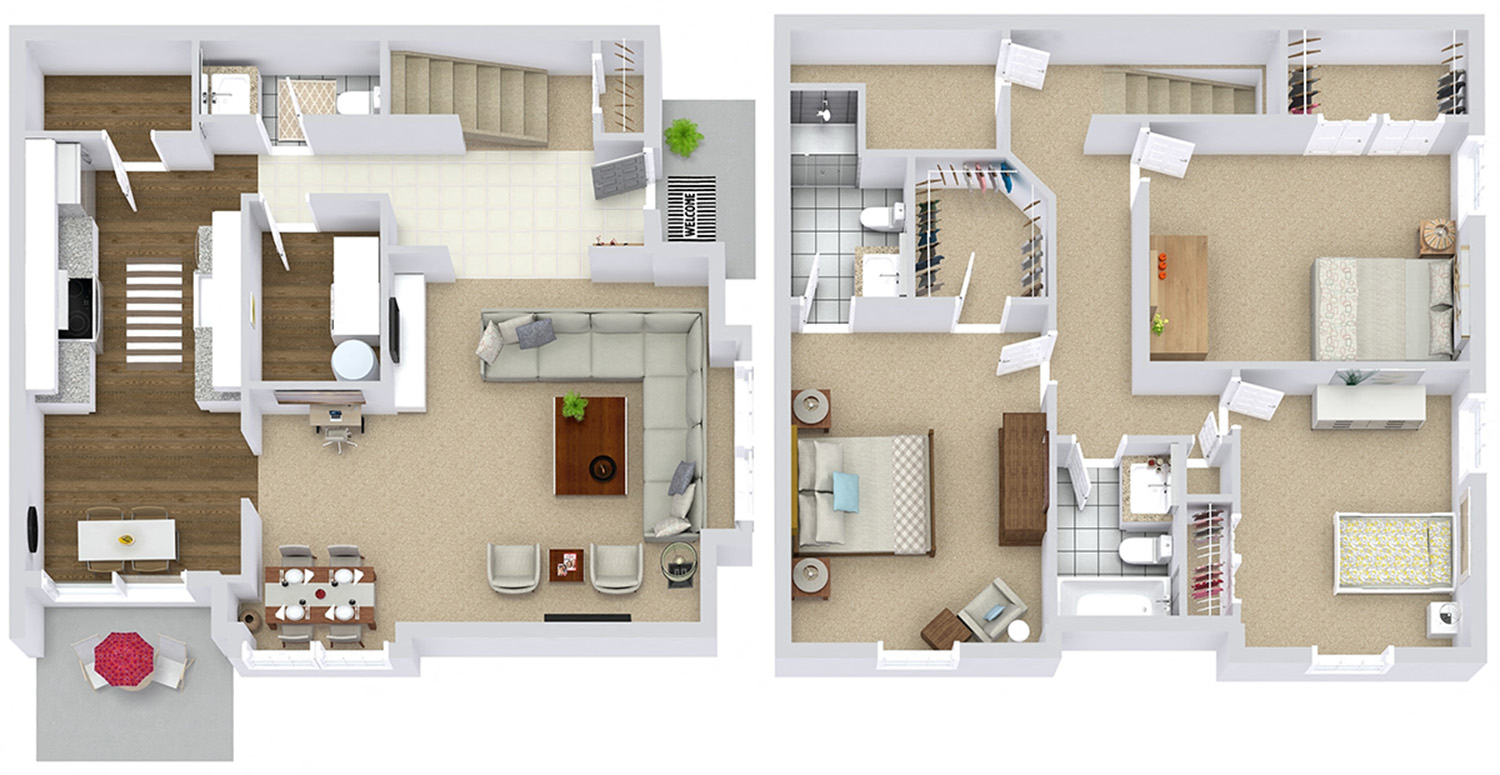 Floor plan for 3 beds, 2.5 baths, 1600 sqft